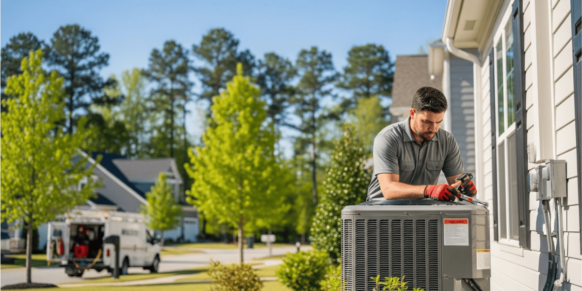 Technician inspecting unit after an AC breakdown