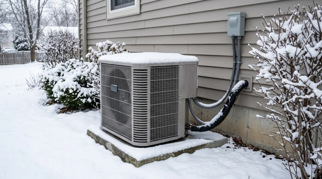 Heat pump unit covered in snow